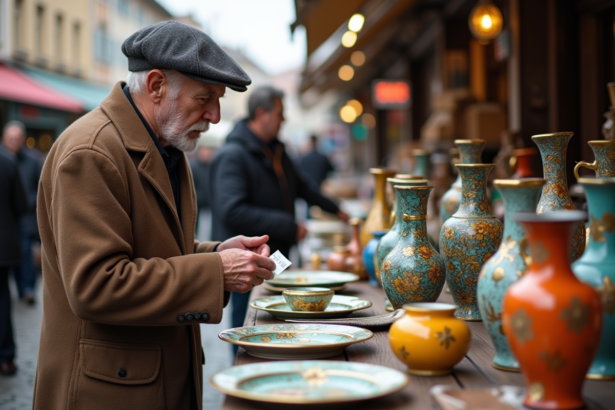 Homme âgé compare des vases en émail Longwy au marché en plein air