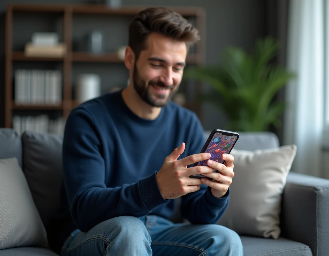 Homme concentré sur son téléphone jouant à Monopoly GO dans un salon moderne, stratégie de tournoi pour accumuler des dés gratuits