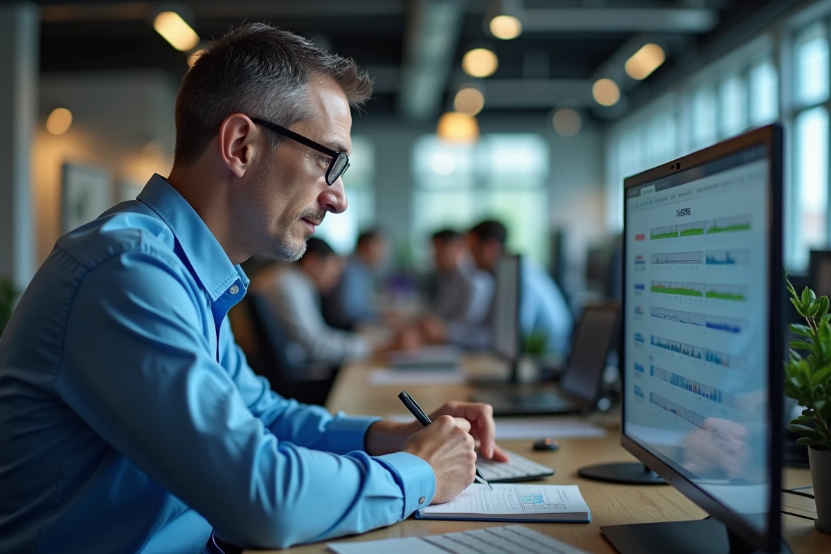 Homme notant sur un bloc notes en vérifiant un logiciel de suivi