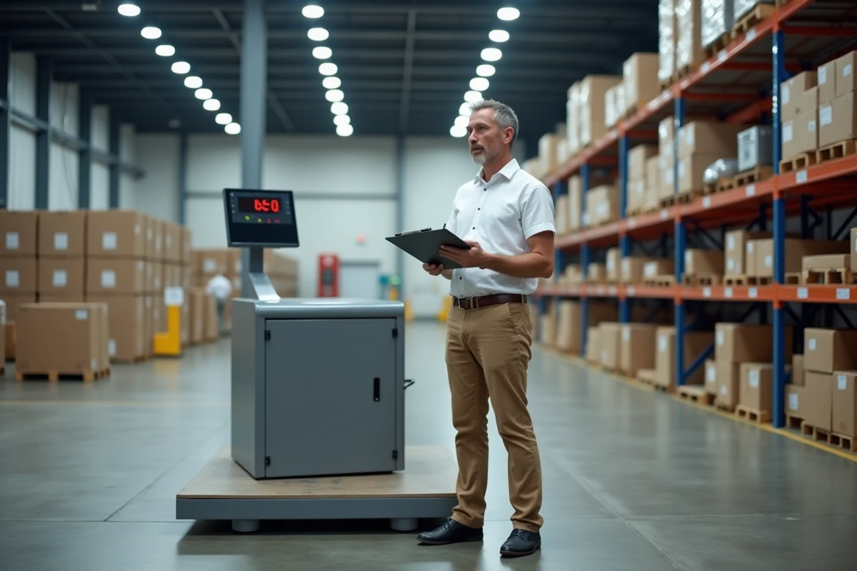 Homme mesurant le poids sur une balance industrielle en entrepôt