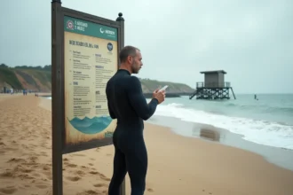 Homme en combinaison de plongée lisant panneau de sécurité Hendaye