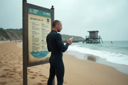 Homme en combinaison de plongée lisant panneau de sécurité Hendaye