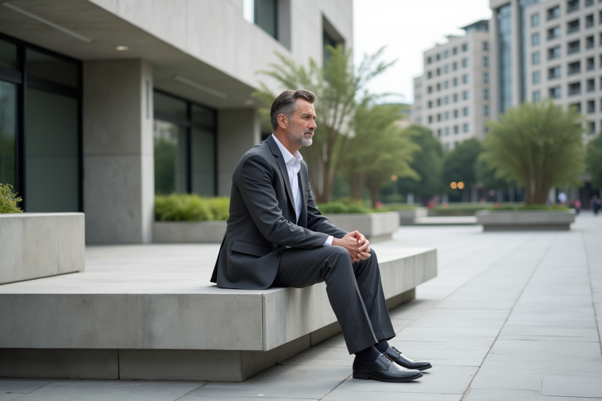 Homme en costume minimaliste dans une place urbaine moderne