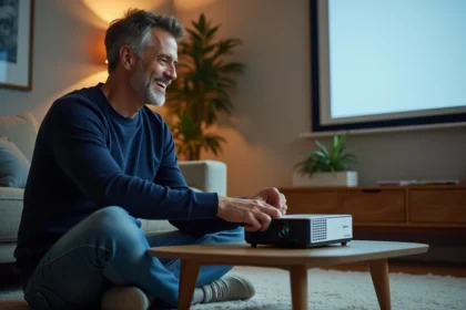 Homme d'âge moyen ajustant un projecteur LED dans un salon moderne