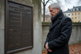 Homme contemplant une plaque commémorative à Berlin
