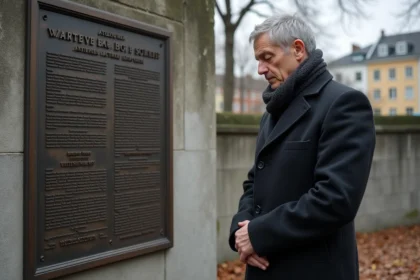 Homme contemplant une plaque commémorative à Berlin