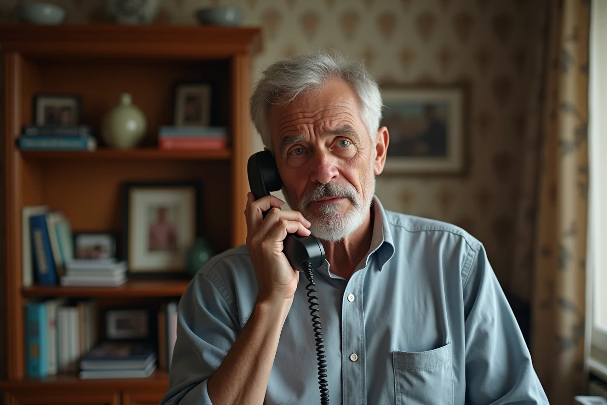 Homme senior répondant au téléphone dans son salon chaleureux