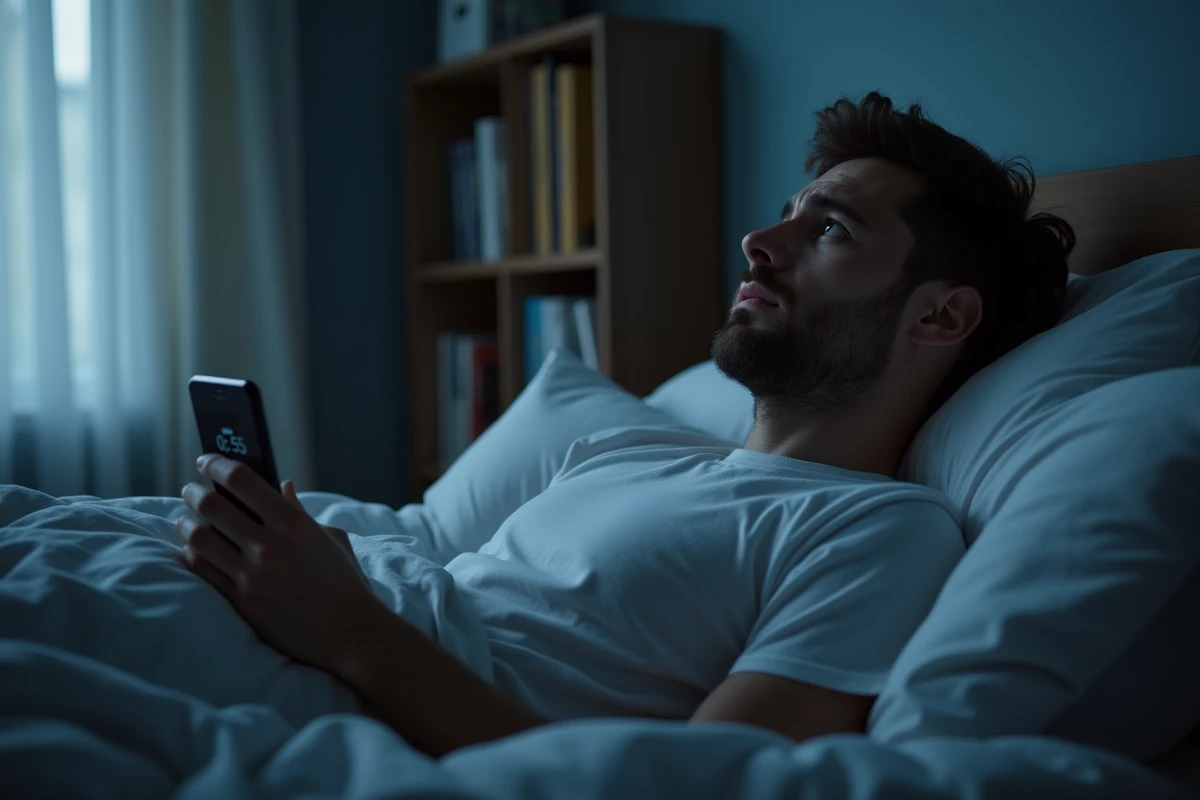 Homme allongé éveillé dans sa chambre à 05h55 regardant le plafond, symbole des angoisses nocturnes et de la signification amoureuse de cette heure miroir