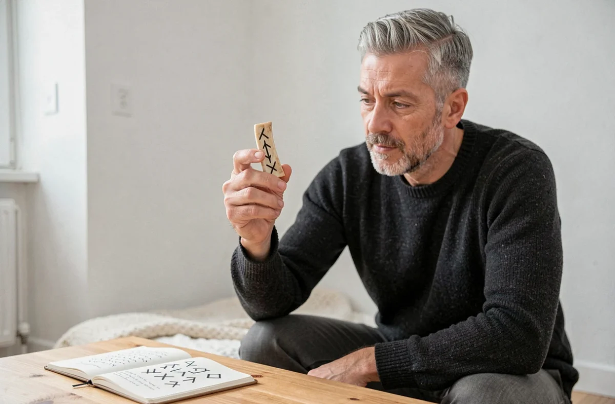 Homme d'âge mûr examinant une rune en os sculptée dans un appartement scandinave minimaliste, carnet de notes de divination ouvert sur le sol