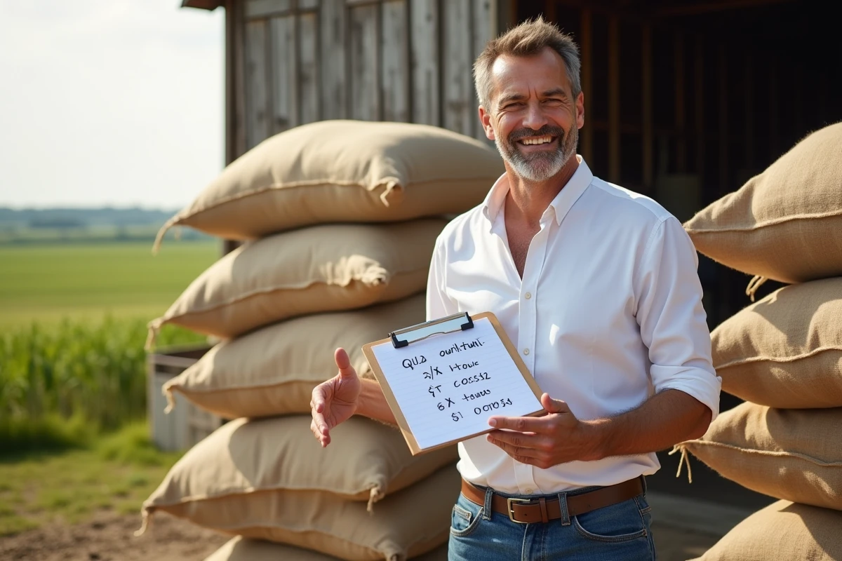 Homme à la ferme avec sacs de grain et tableau de conversion