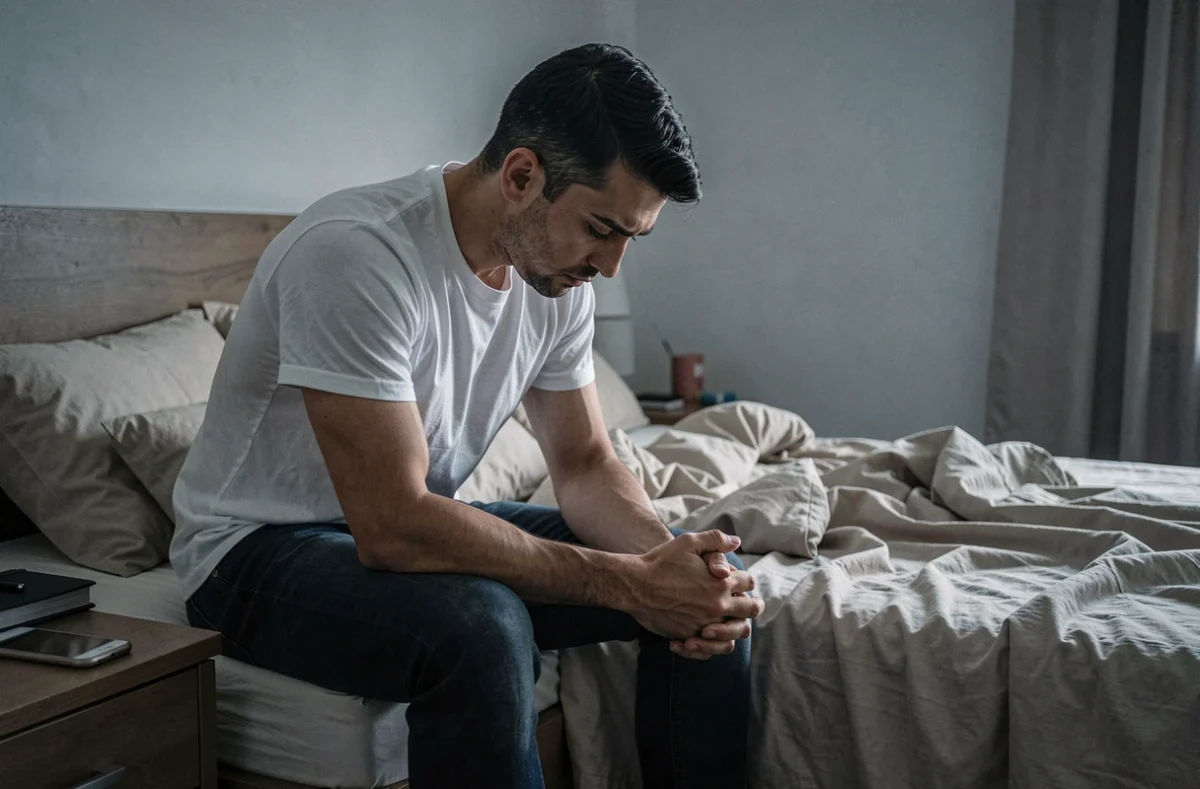 Homme assis au bord d'un lit, tête baissée, exprimant la douleur d'une trahison sentimentale