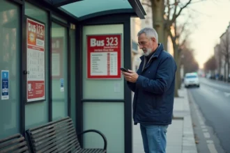 Homme d'âge moyen regardant son smartphone à un arrêt de bus parisien
