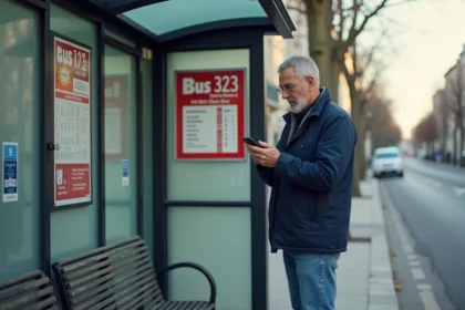 Homme d'âge moyen regardant son smartphone à un arrêt de bus parisien