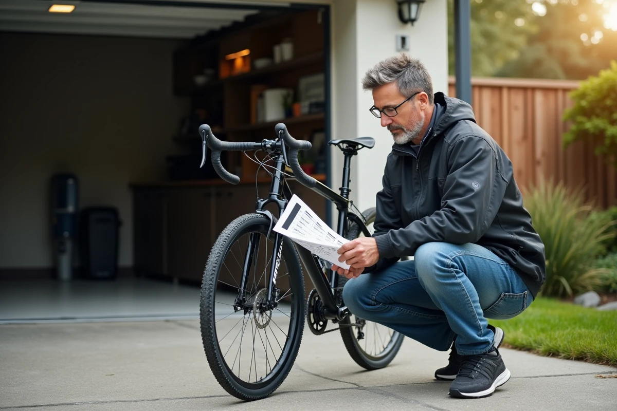 Homme en vêtements décontractés vérifiant un graphique de vélo dans son garage