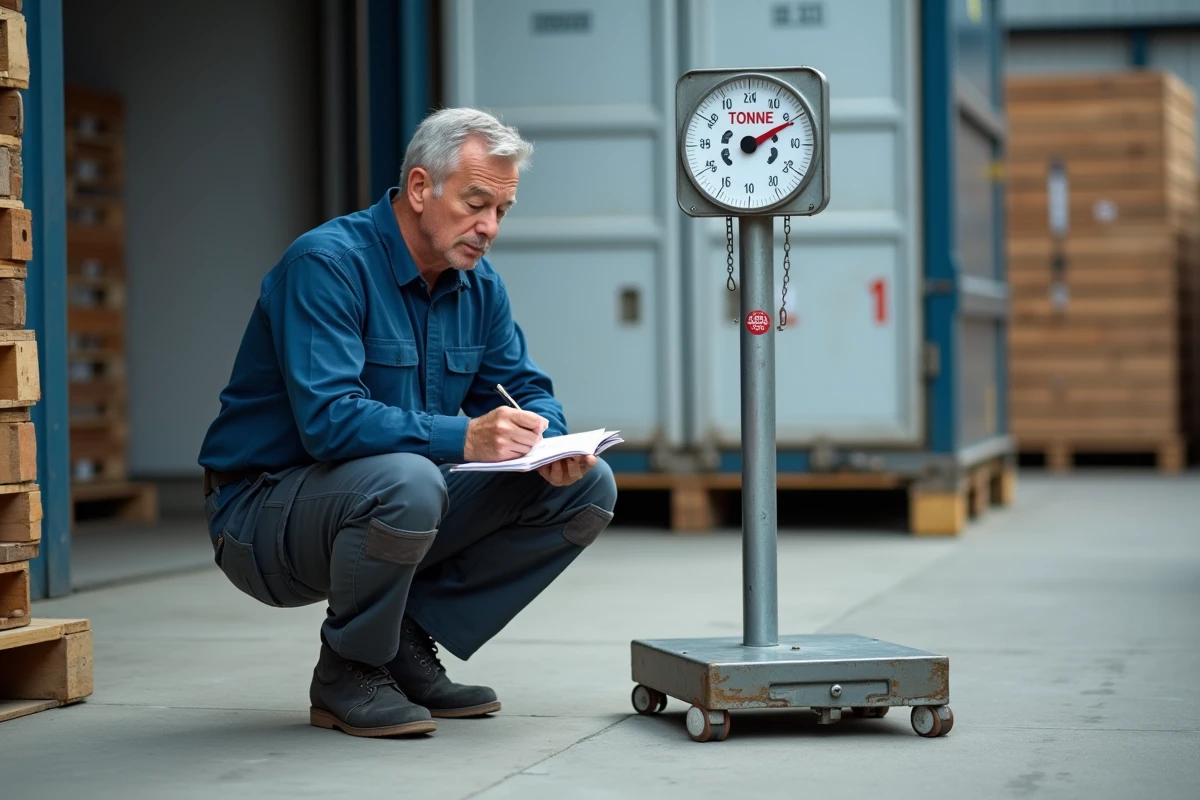 Homme en extérieur utilisant une balance industrielle
