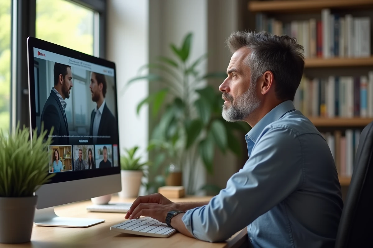 Homme d age regardant un écran de streaming dans un bureau