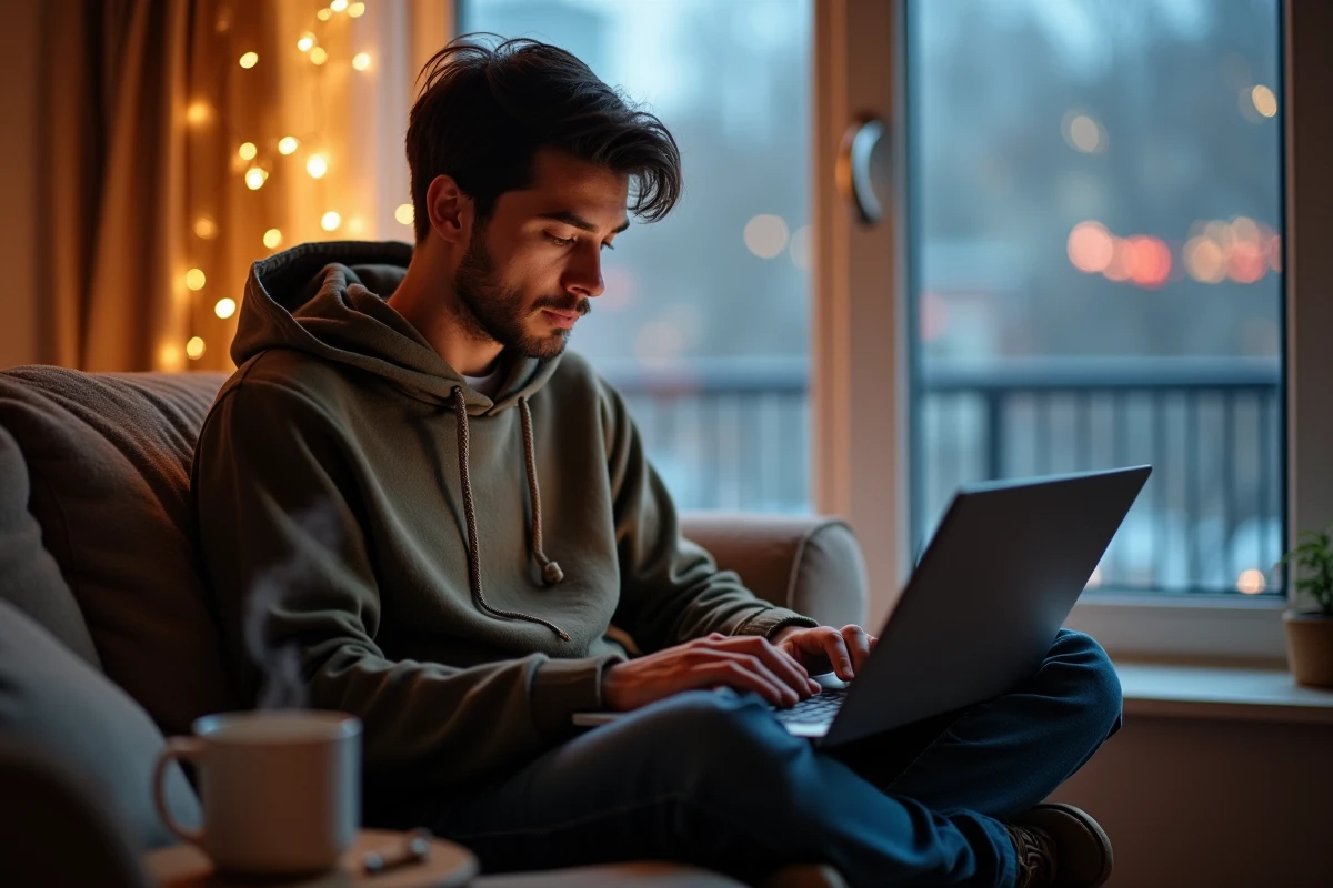 Jeune homme recherchant une image Bonne Année 2026 gratuite sur son ordinateur portable depuis son salon