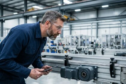 Ingénieur examinant un entraînement décentralisé sur une ligne de production modulaire en usine
