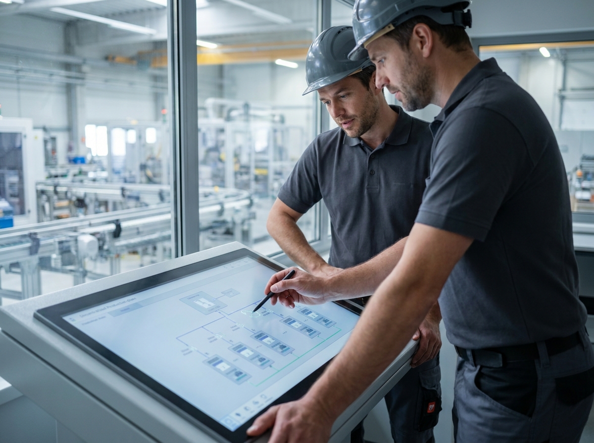 Deux ingénieurs de production analysant un schéma d'entraînement décentralisé sur un écran tactile industriel en salle de contrôle