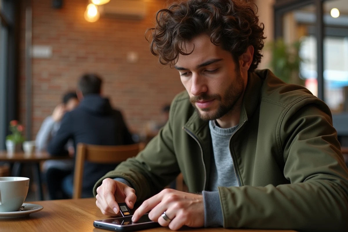 Jeune homme insérant une carte SIM prépayée dans son smartphone dans un café