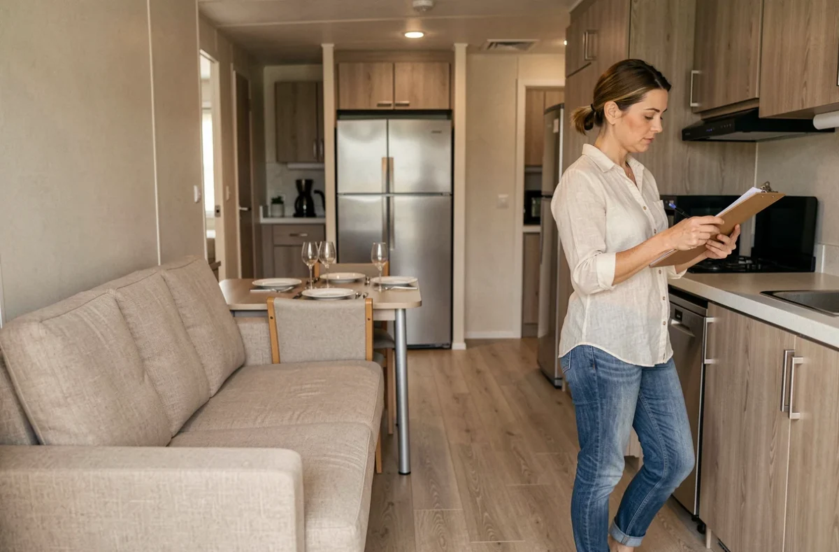 Intérieur moderne d'un mobil-home de location avec salon et cuisine équipée, femme consultant des documents