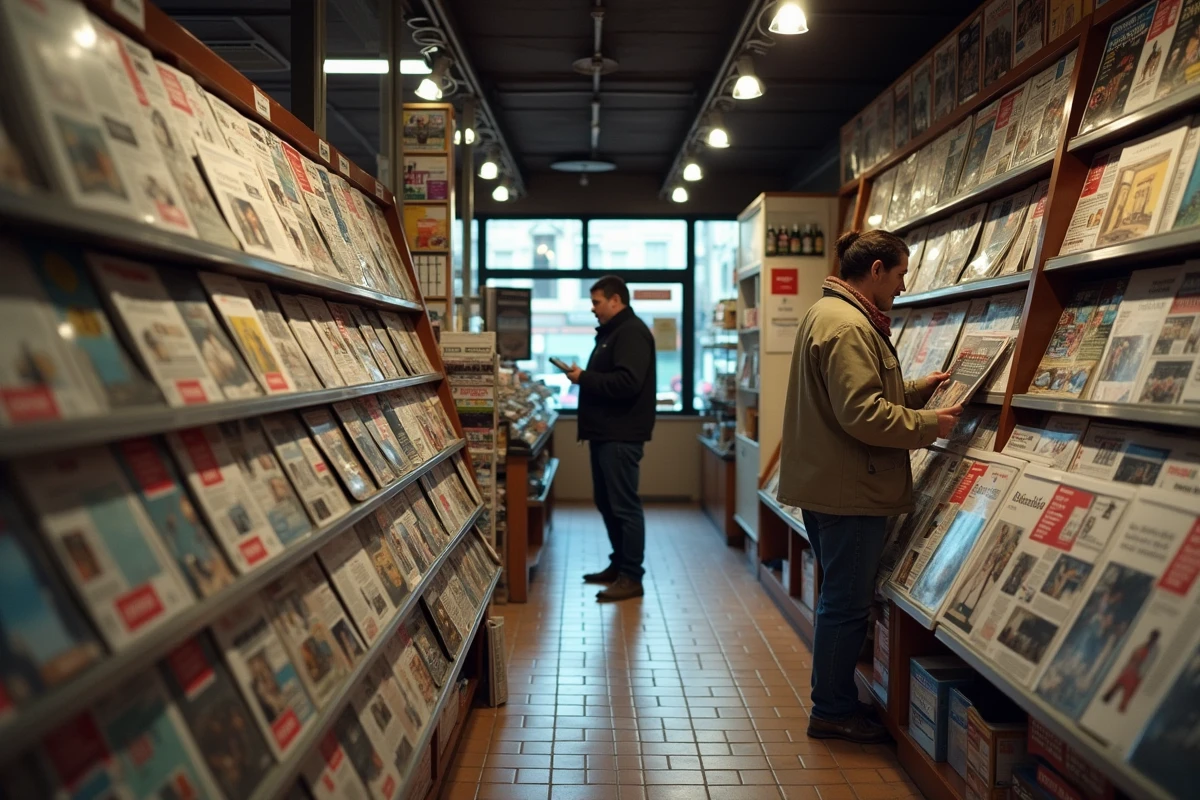 Intérieur d'un bureau de tabac-presse avec présentoir de magazines et cliente feuilletant la presse