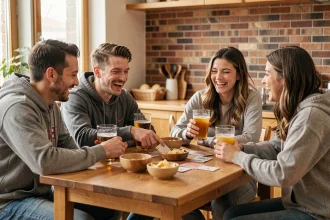 Groupe de jeunes adultes jouant au jeu du Palmier autour d'une table en bois avec des verres et des cartes