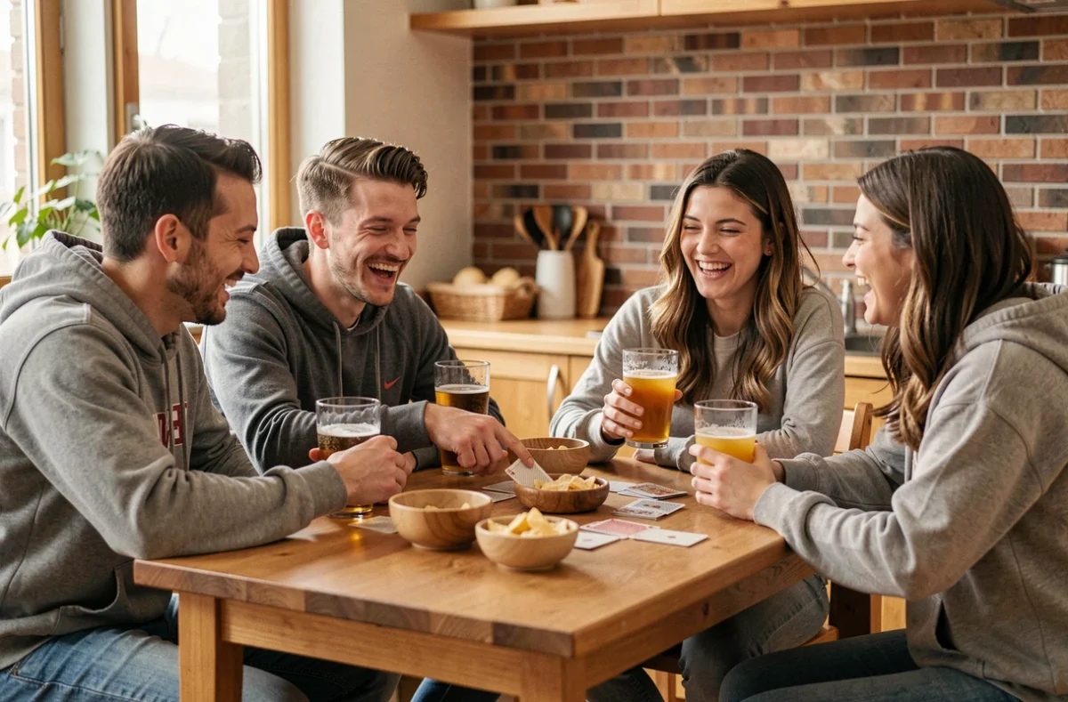 Groupe de jeunes adultes jouant au jeu du Palmier autour d'une table en bois avec des verres et des cartes