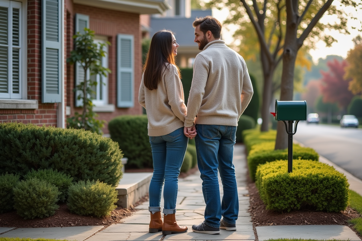 Jeune couple devant une maison de banlieue en discussion
