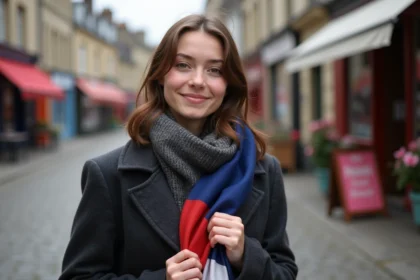 Jeune femme déployant un drapeau breton dans la rue