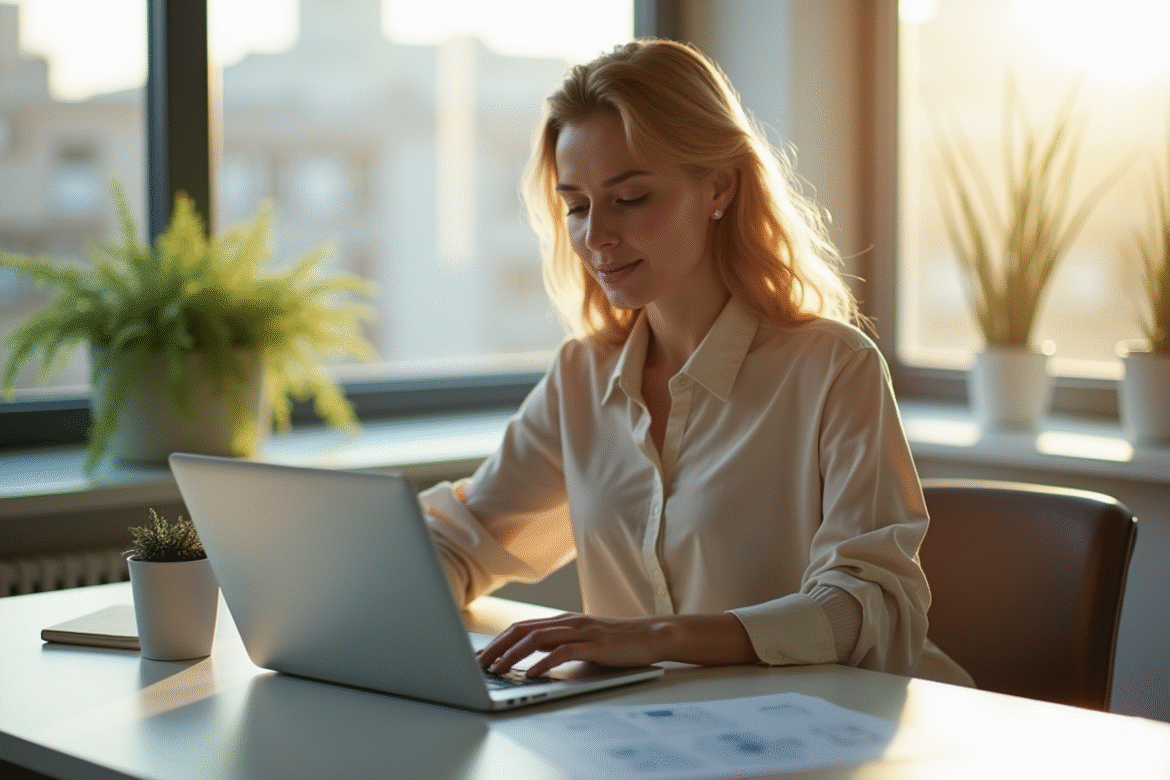 Jeune femme lisant des emails IA dans un bureau lumineux