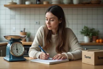 Jeune femme en cuisine avec balance et poids de 1 tonne