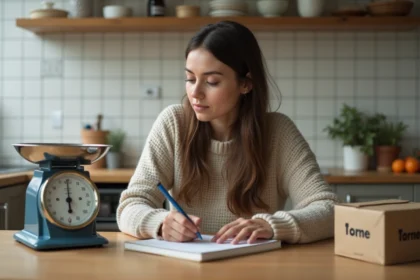 Jeune femme en cuisine avec balance et poids de 1 tonne