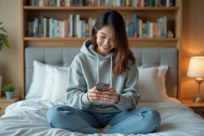 Jeune femme lisant manga dans une chambre moderne et cosy