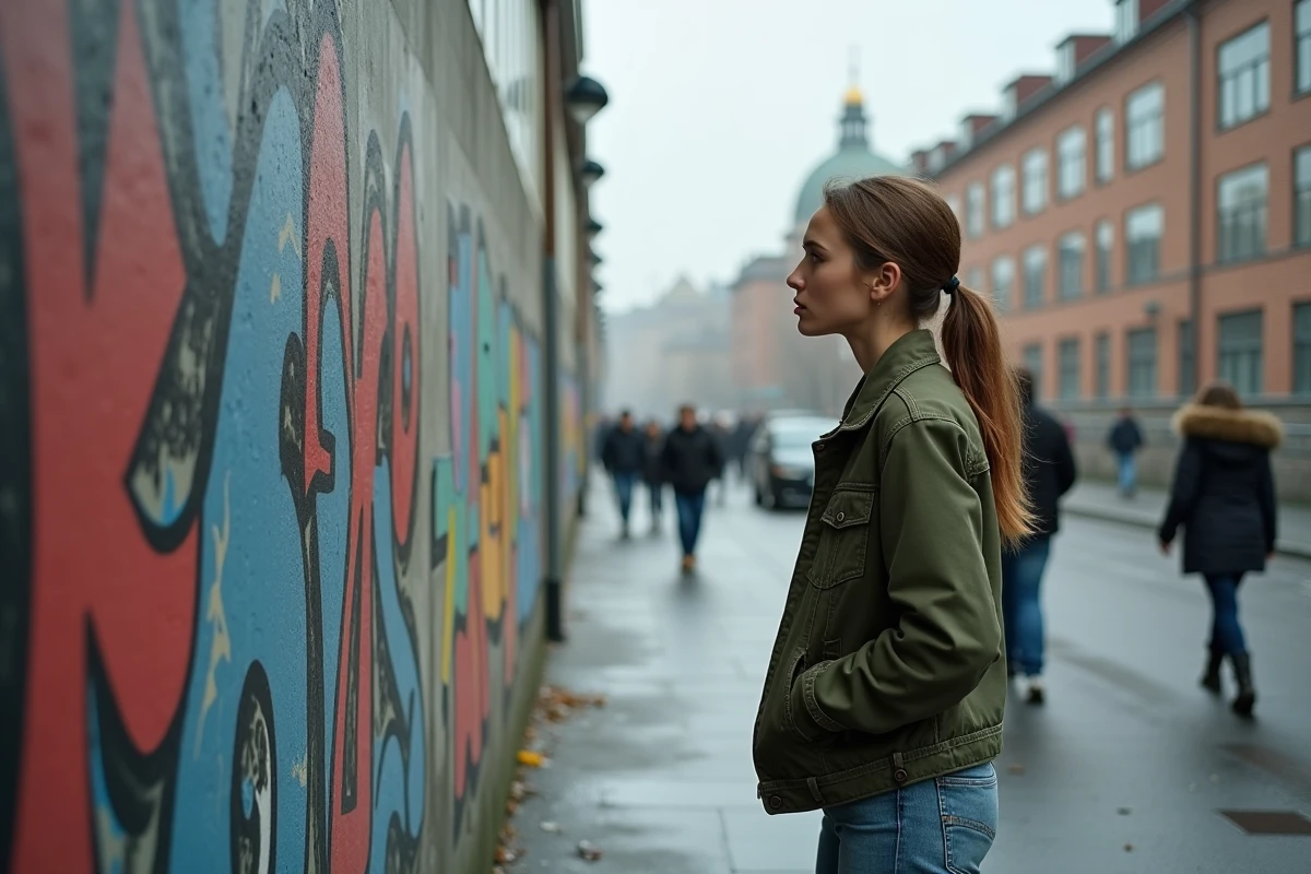 Jeune femme regardant une fresque murale à Berlin