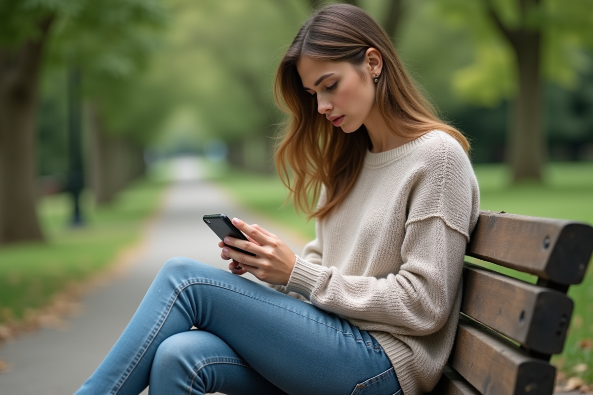 Jeune femme assise sur un banc dans un parc urbain avec son smartphone