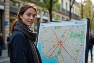 Jeune femme regardant une carte de Paris dans la rue