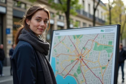 Jeune femme regardant une carte de Paris dans la rue