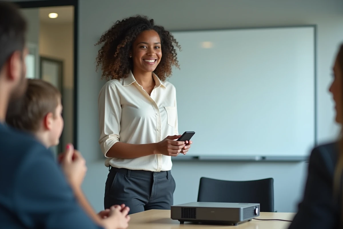 Jeune femme pointant un projecteur LED dans une salle de réunion