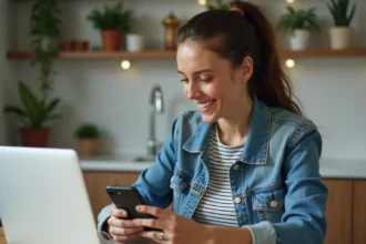 Jeune femme utilisant une application sur smartphone dans la cuisine