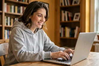 Jeune femme utilisant un chat en ligne sur son ordinateur portable dans un appartement cosy, illustrant l'utilisation du tchat NRJ