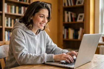 Jeune femme utilisant un chat en ligne sur son ordinateur portable dans un appartement cosy, illustrant l'utilisation du tchat NRJ