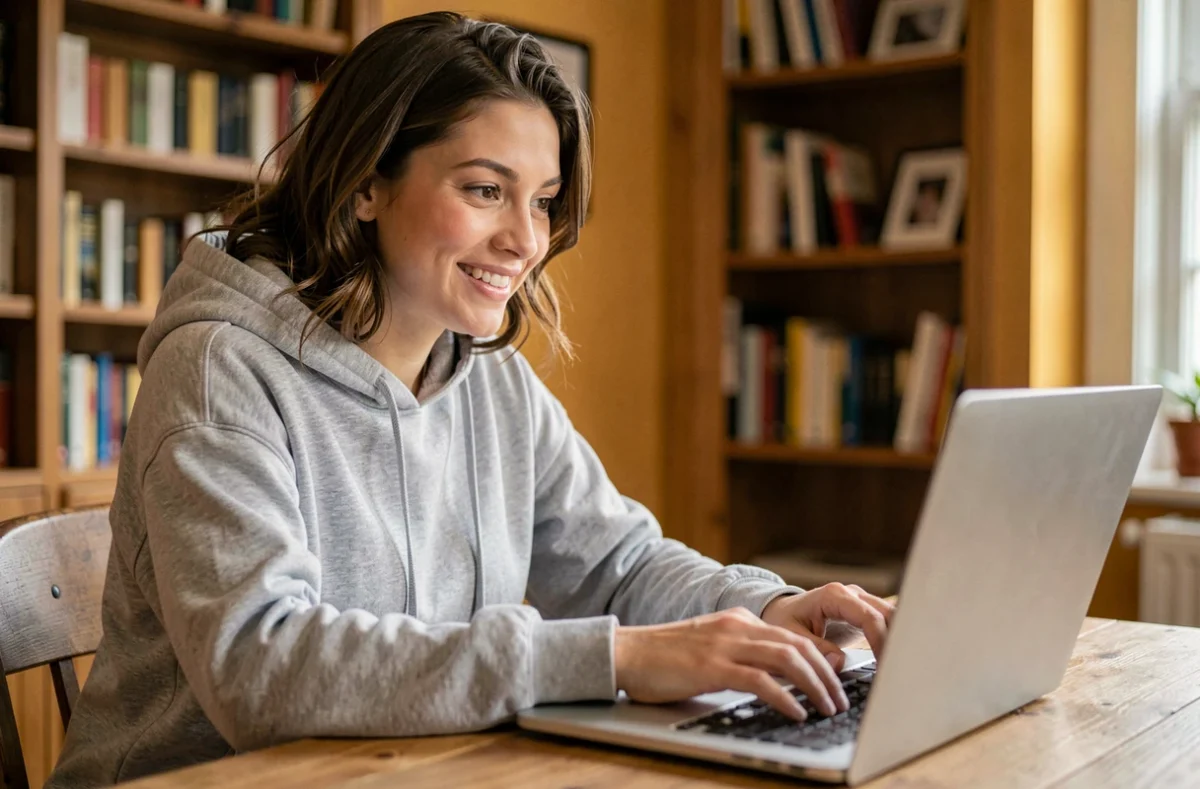 Jeune femme utilisant un chat en ligne sur son ordinateur portable dans un appartement cosy, illustrant l'utilisation du tchat NRJ