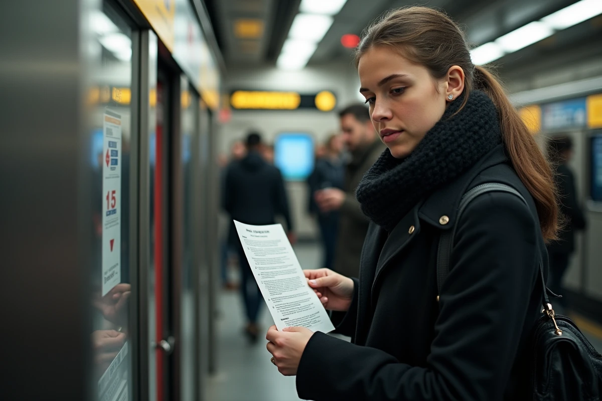 Jeune femme vérifiant une amende RATP dans station de métro