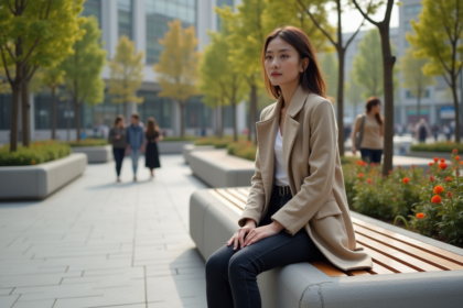 Jeune femme en manteau beige assise sur une banque urbaine moderne