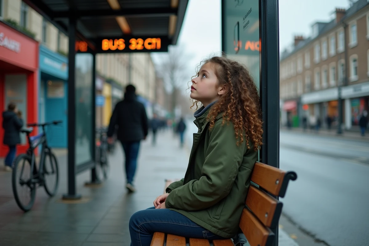 Jeune fille assise à un arrêt de bus urbain avec écran digital