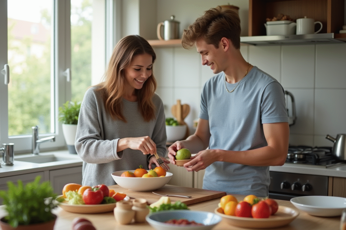 Jeune garçon aidant sa mère à dresser la table en cuisine lumineuse