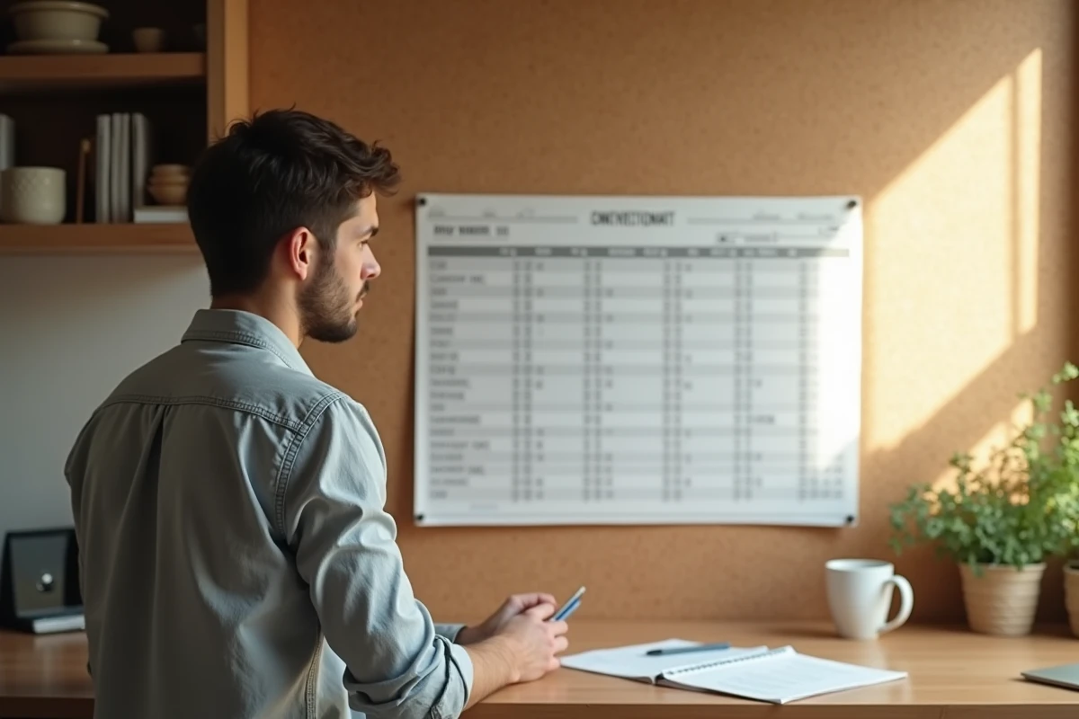 Jeune homme étudiant une carte de conversion dans la cuisine