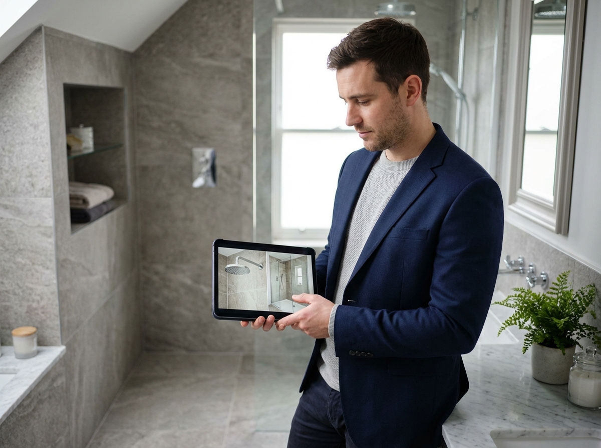 Jeune homme comparant options de douche dans sa salle de bain