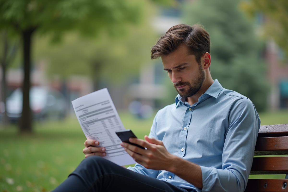 Jeune homme regardant son relevé bancaire en plein air